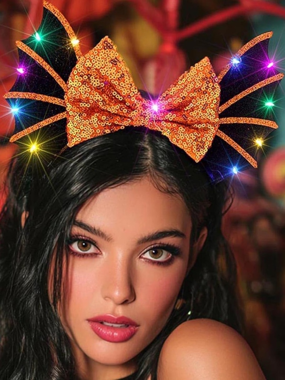 LED Halloween Hair bands Sequin Bow Headband Glow Orange - Picture 4 of 7